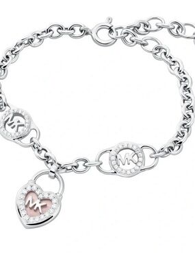 Michael Kors Silver-Tone Chain Bracelet with Pink Heart Padlock Charm